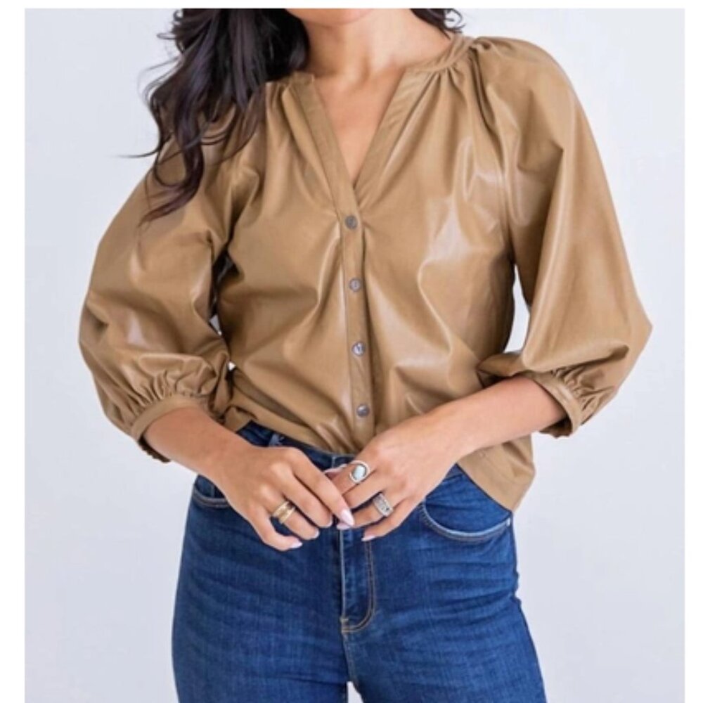 KARLIE Faux Leather Button Up Top In Truffle sz small